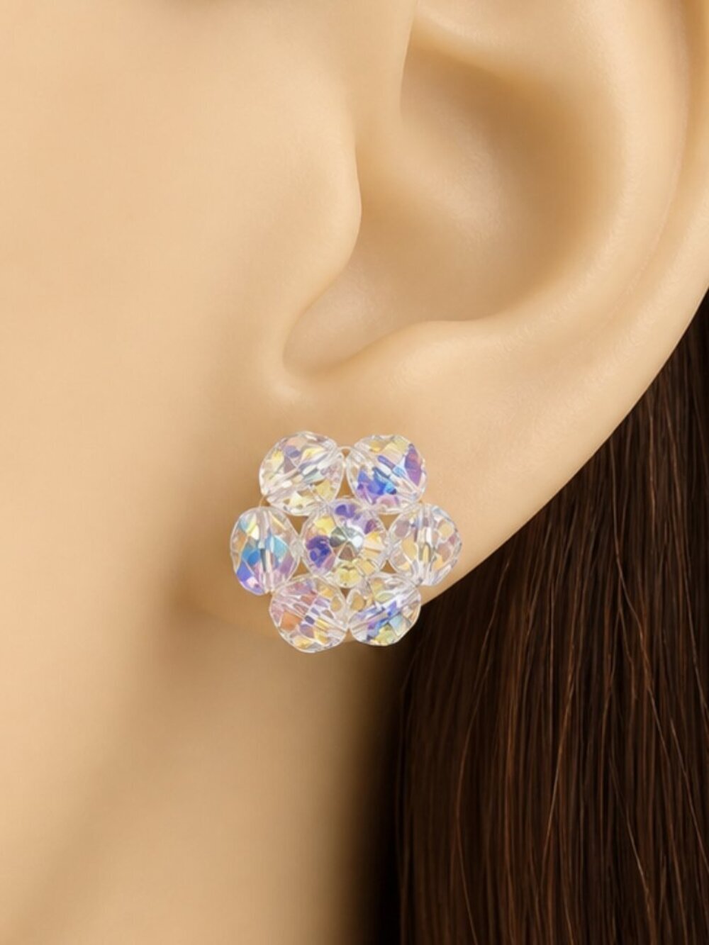 Vintage Aurora Borealis Crystal Bead Cluster Clip On Earrings Iridescent